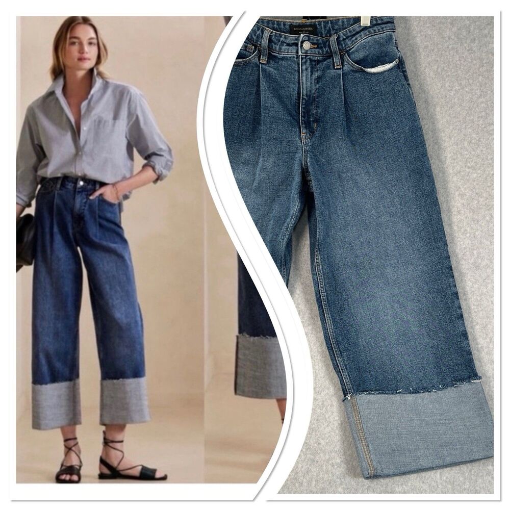 Banana Republic Jeans Womens 28/6 Medium Wash Blue Hi Rise Wide Leg Crop Cuffed